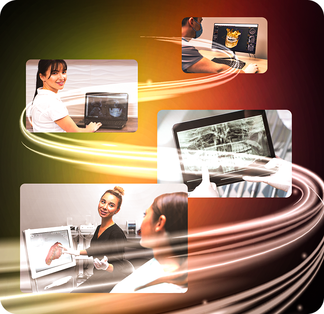 Montagem com profissionais de odontologia usando tecnologia avançada, incluindo imagens em laptops, tablets e telas de scanner 3D, em um fundo escuro com faixas de luz azul brilhante cruzando a composição.
